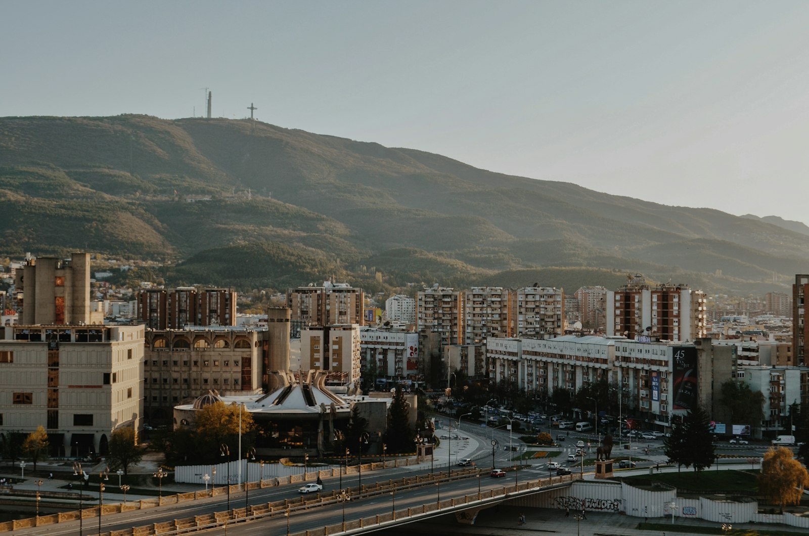 Skopje cityscape with Mount Vodno and the Millennium Cross