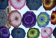 Colourful umbrellas strung over a street in Skopje Old Bazaar