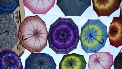 Colourful umbrellas strung over a street in Skopje Old Bazaar