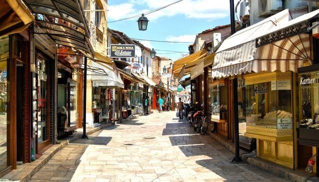 Cobbled Old Bazaar lane leading to Bit Pazar in Skopje
